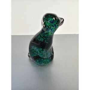 Vintage Murano Style Green and Blue Spatter End of Day Glass Sitting Dog Figurin